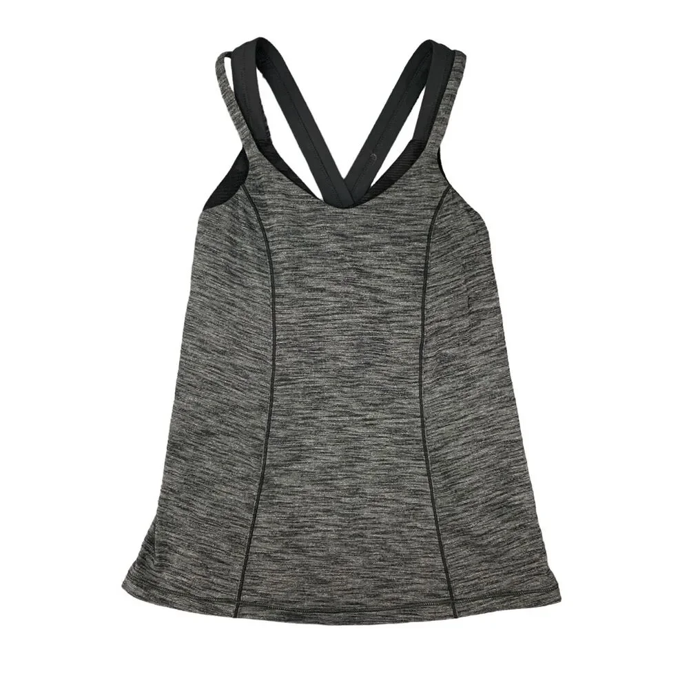 Lululemon Run For Gold Tank Top Womens 2 Heather Gray Shelf Bra Cross Back Shirt